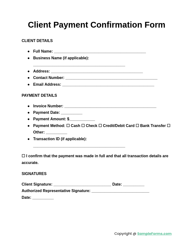 client payment confirmation form