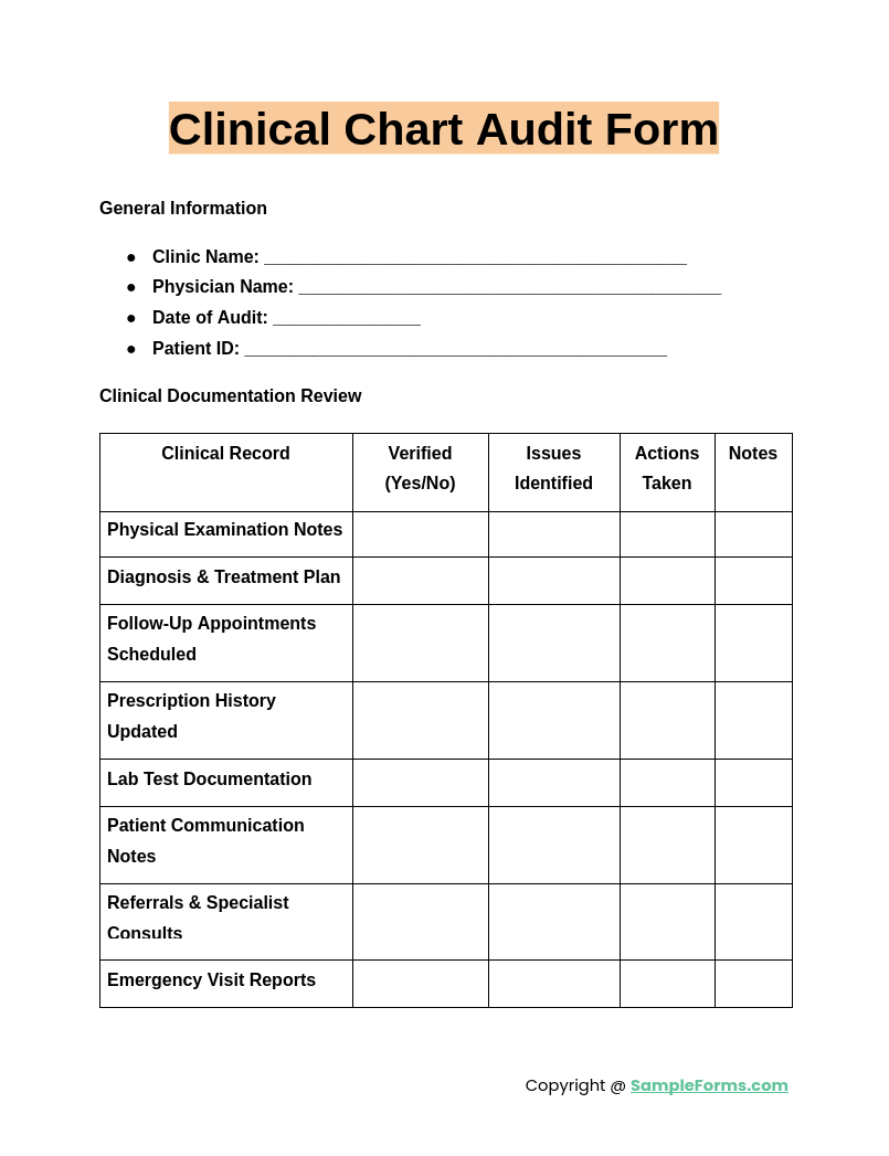 clinical chart audit form