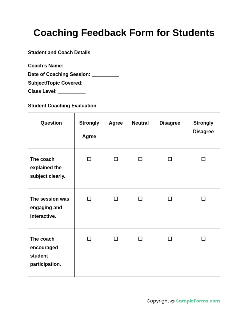 coaching feedback form for students