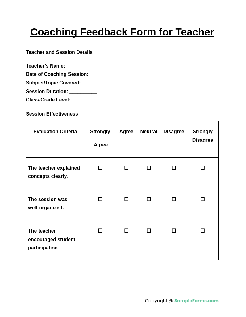 coaching feedback form for teacher