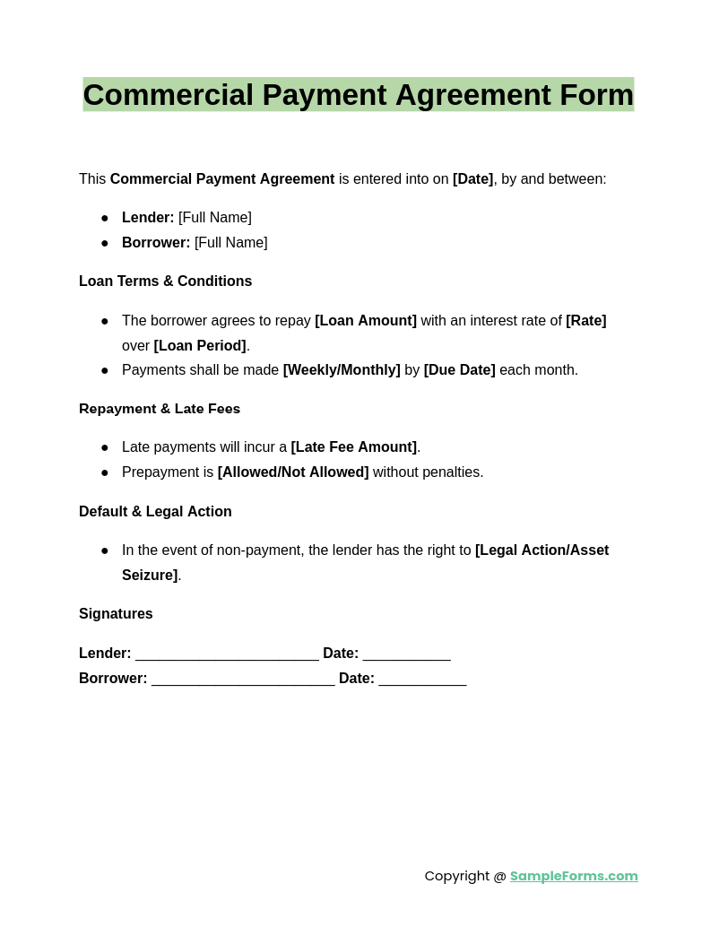 commercial payment agreement form