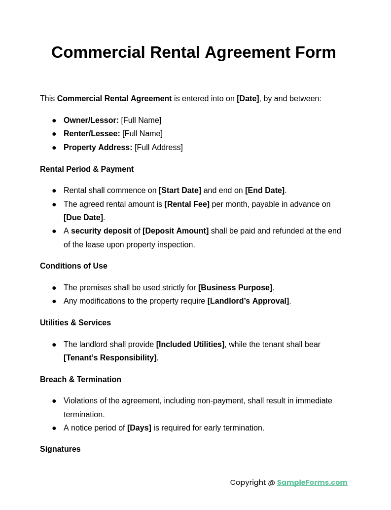 commercial rental agreement form