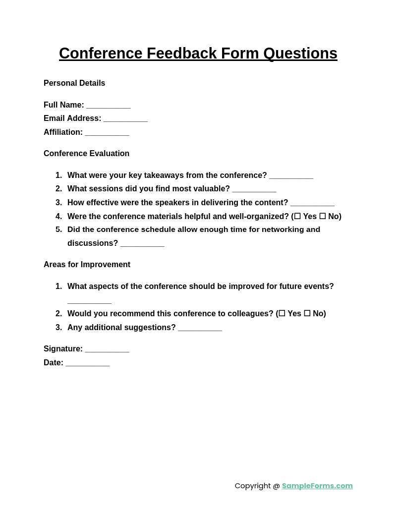 conference feedback form questions