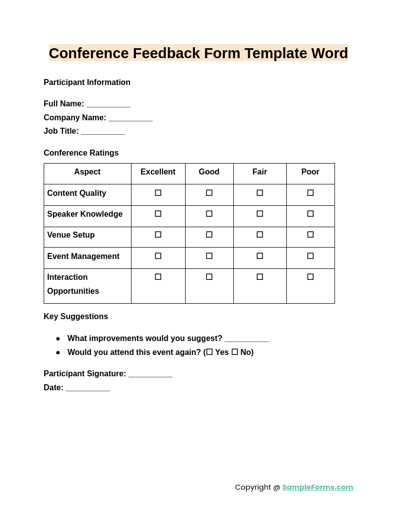 conference feedback form template word