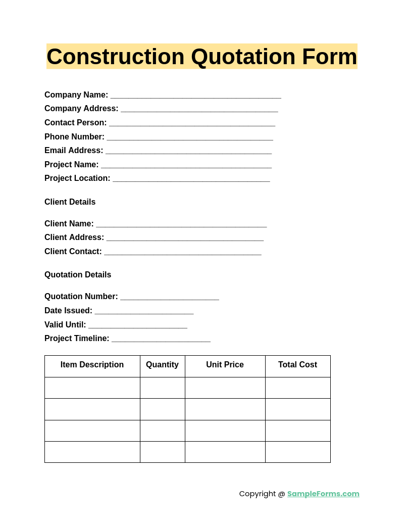 construction quotation form