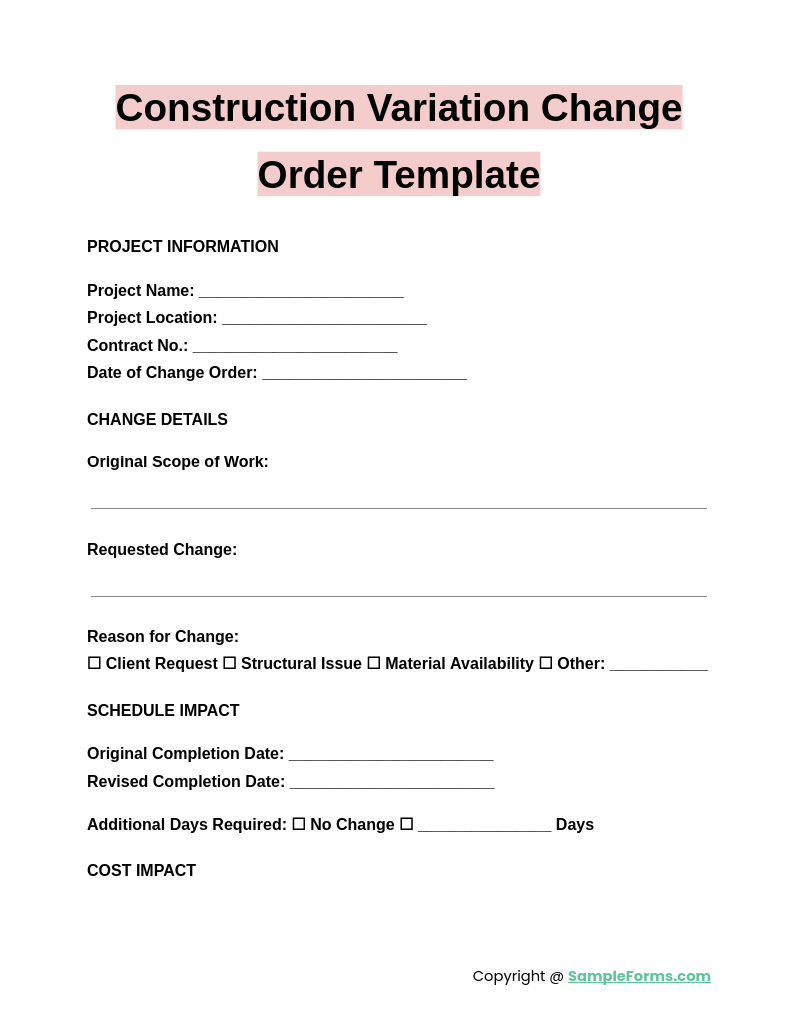 construction variation change order template