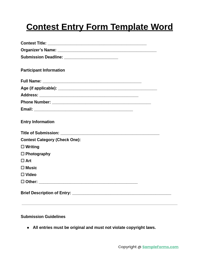 contest entry form template word