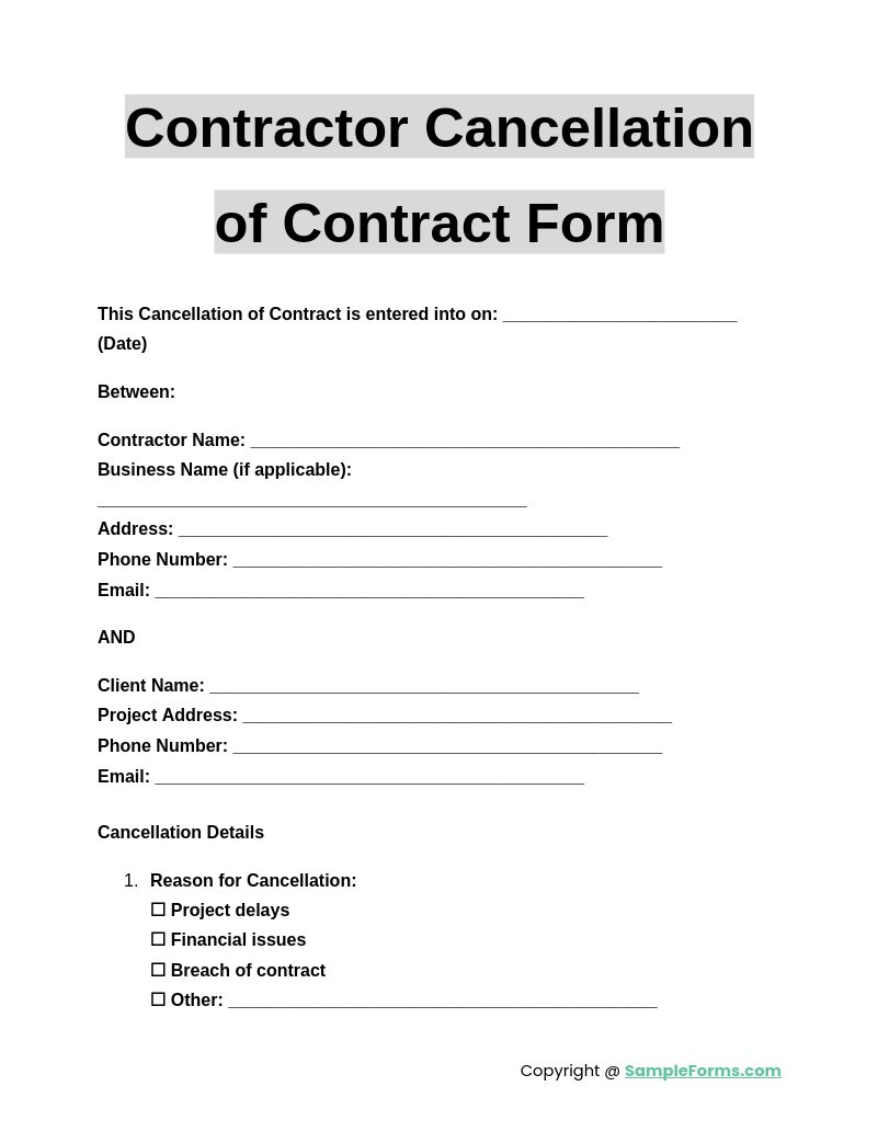 contractor cancellation of contract form