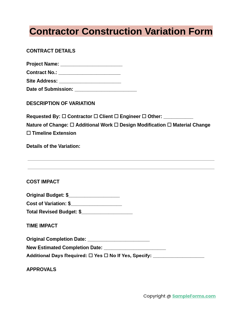 contractor construction variation form