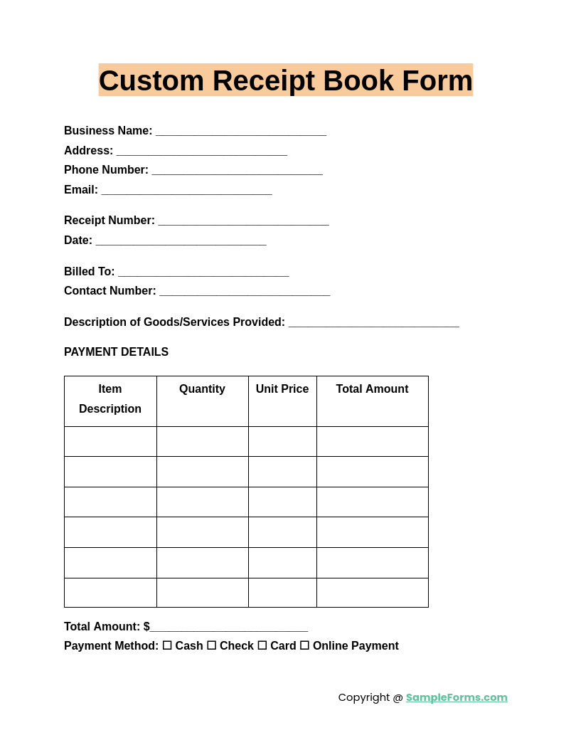 custom receipt book form