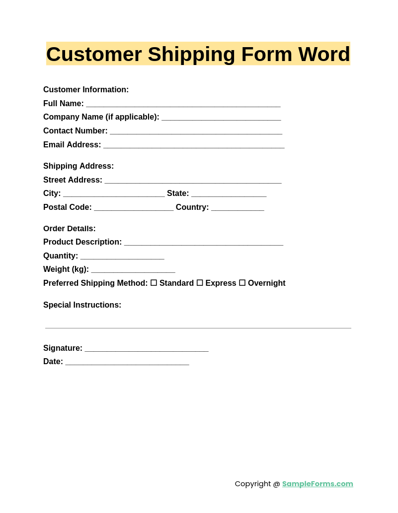 customer shipping form word