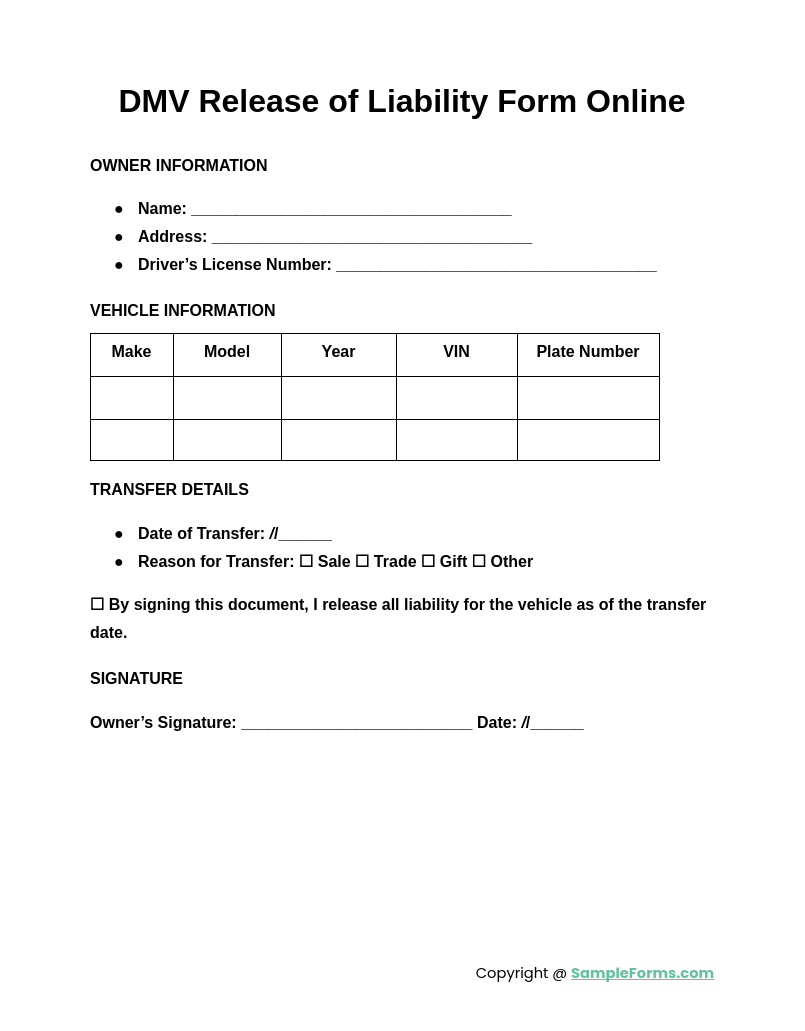 dmv release of liability form online