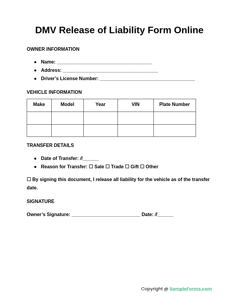 FREE 9+ DMV Release of Liability Form Samples, PDF, MS Word, Google Docs