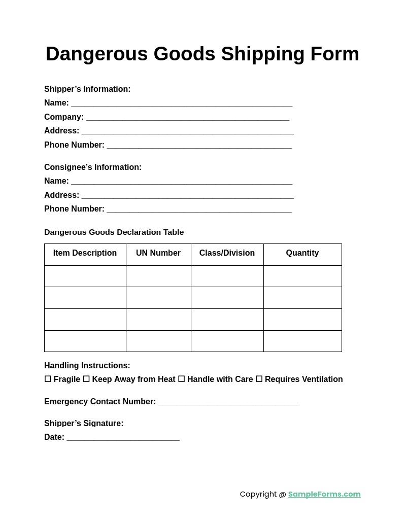 dangerous goods shipping form