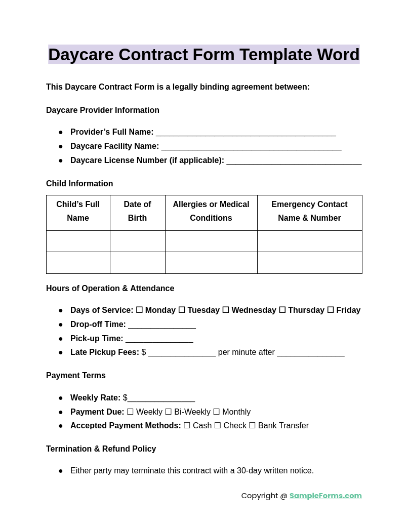 daycare contract form template word