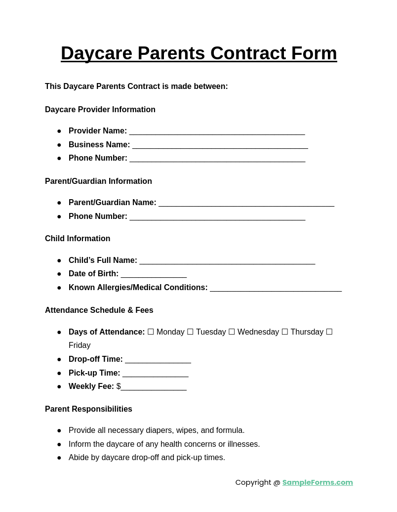 daycare parents contract form