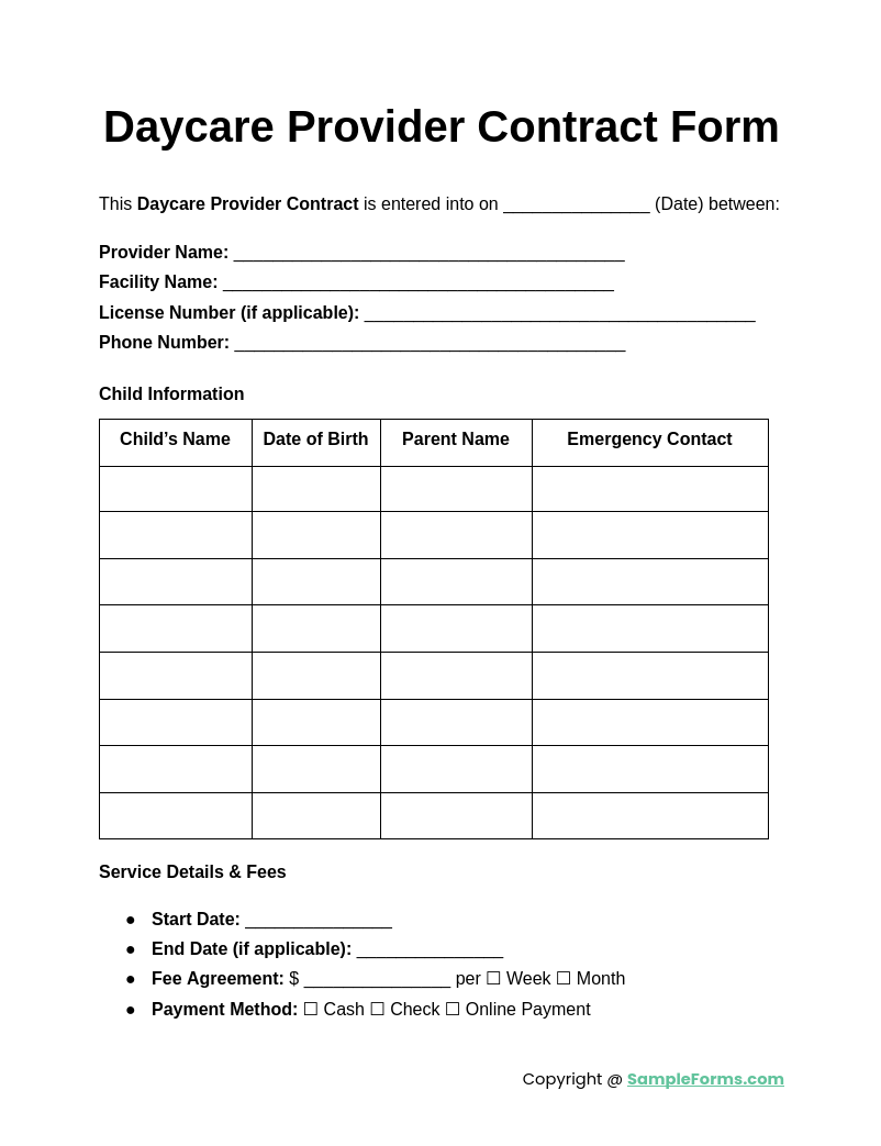 daycare provider contract form