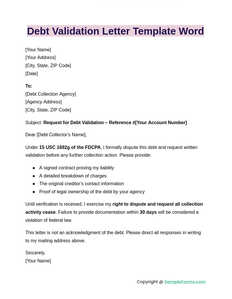 debt validation letter template word