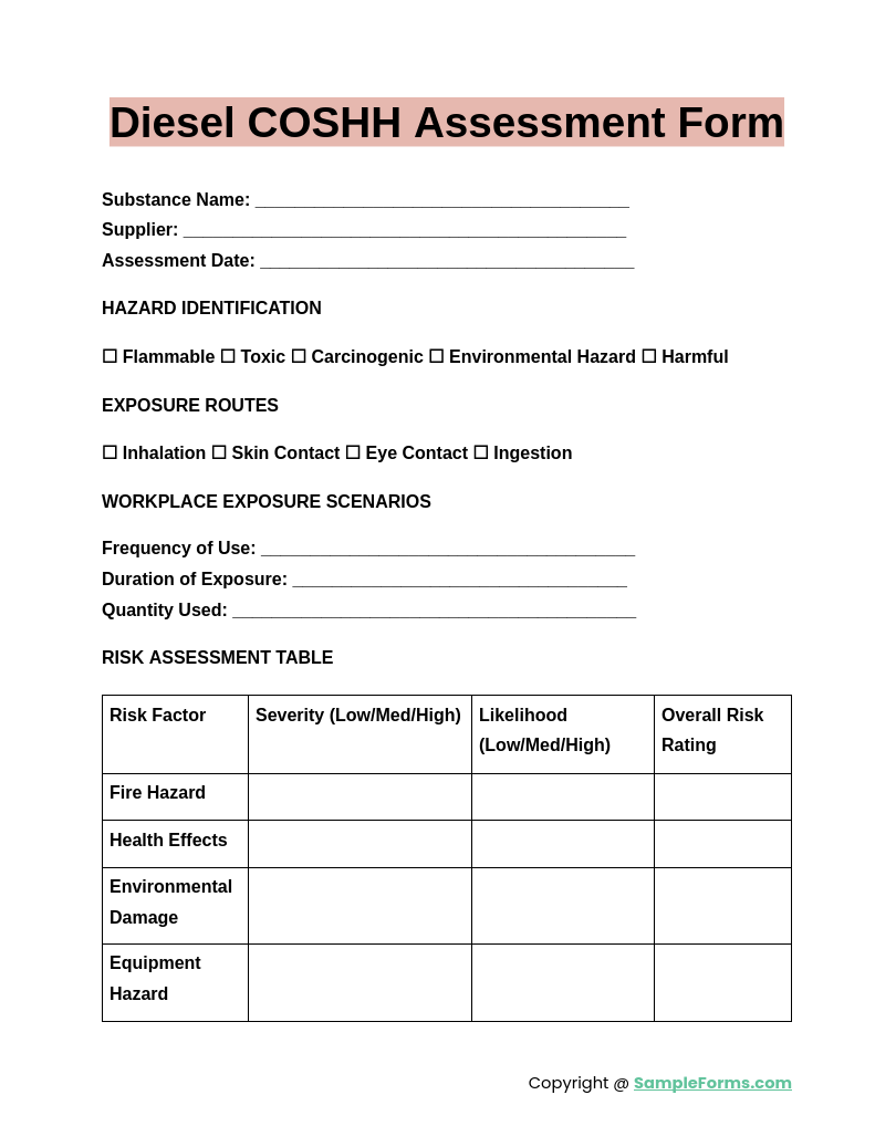 diesel coshh assessment form