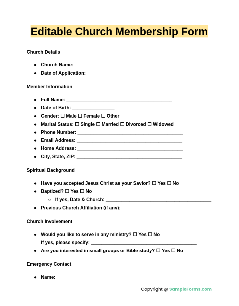 editable church membership form