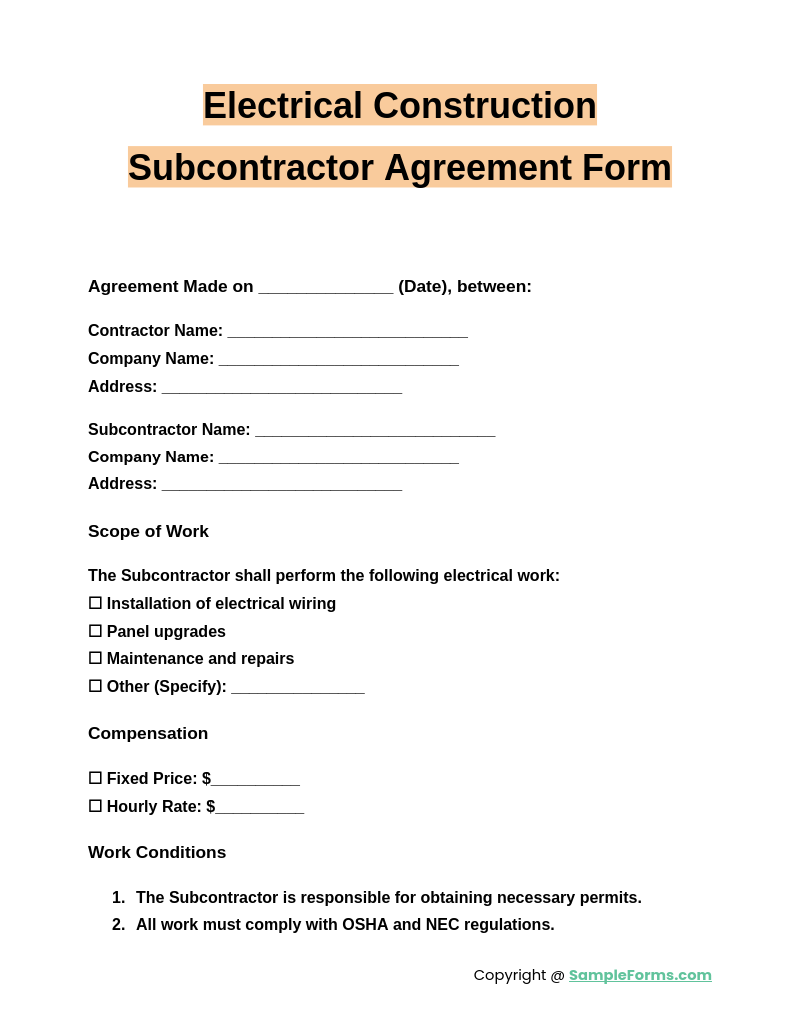 electrical construction subcontractor agreement form