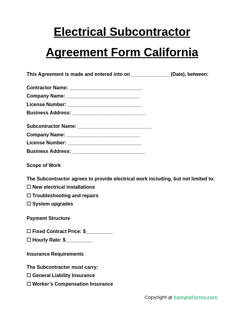 electrical subcontractor agreement form california