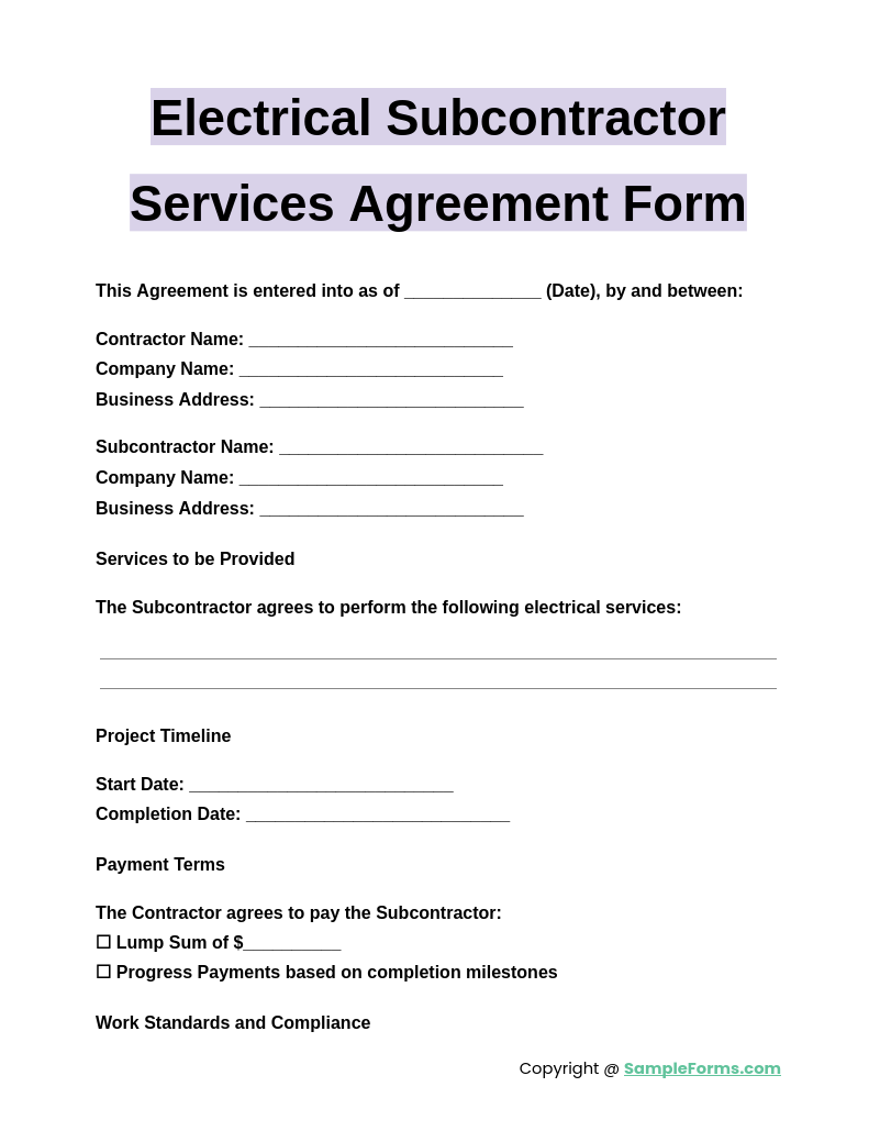 electrical subcontractor services agreement form