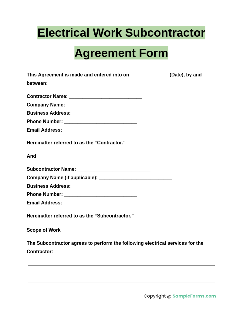 electrical work subcontractor agreement form