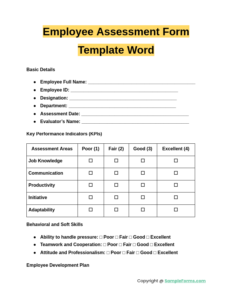 employee assessment form template word