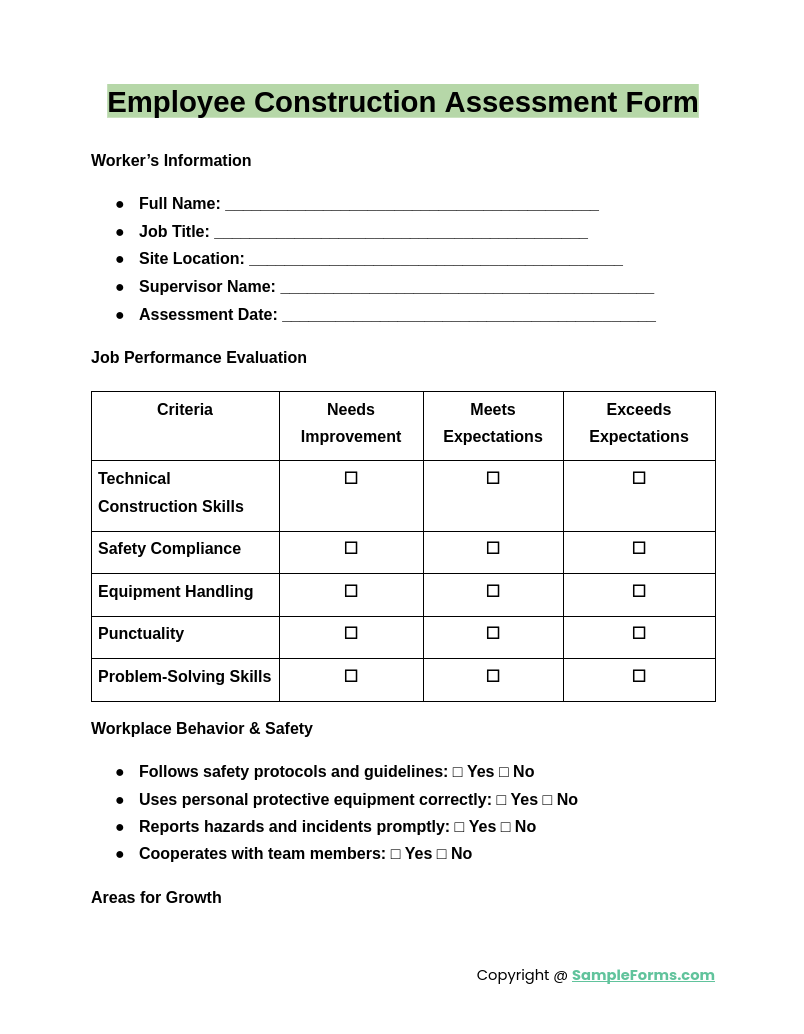 employee construction assessment form