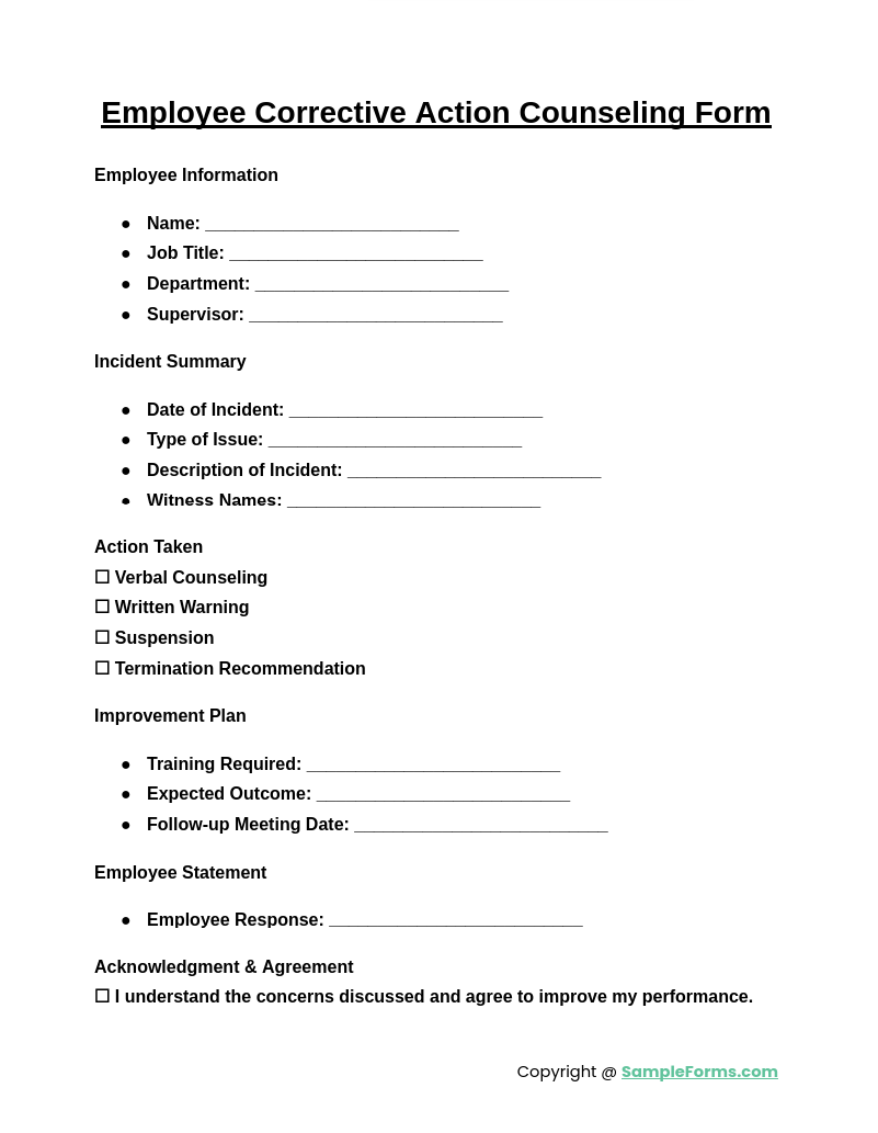 employee corrective action counseling form