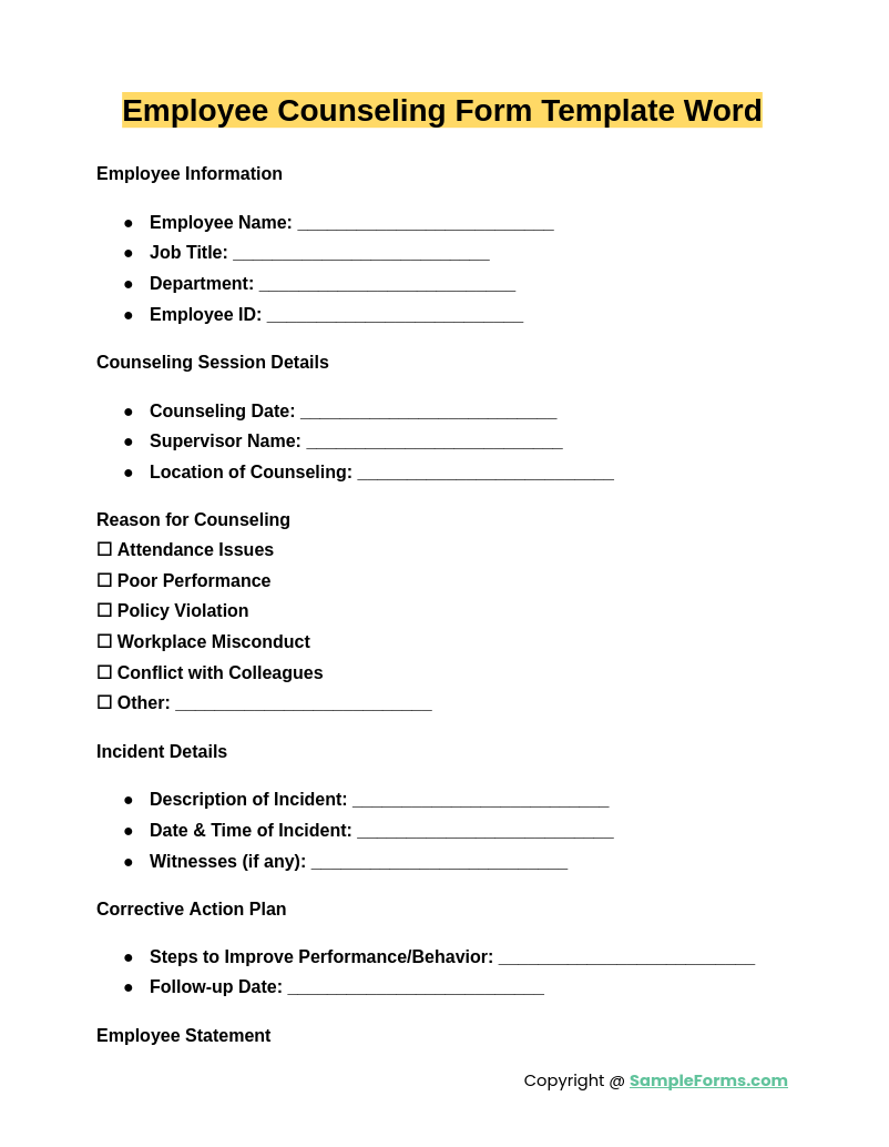 employee counseling form template word