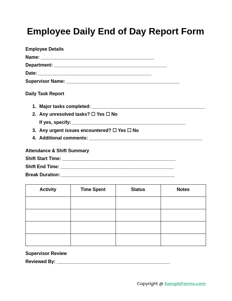 employee daily end of day report form