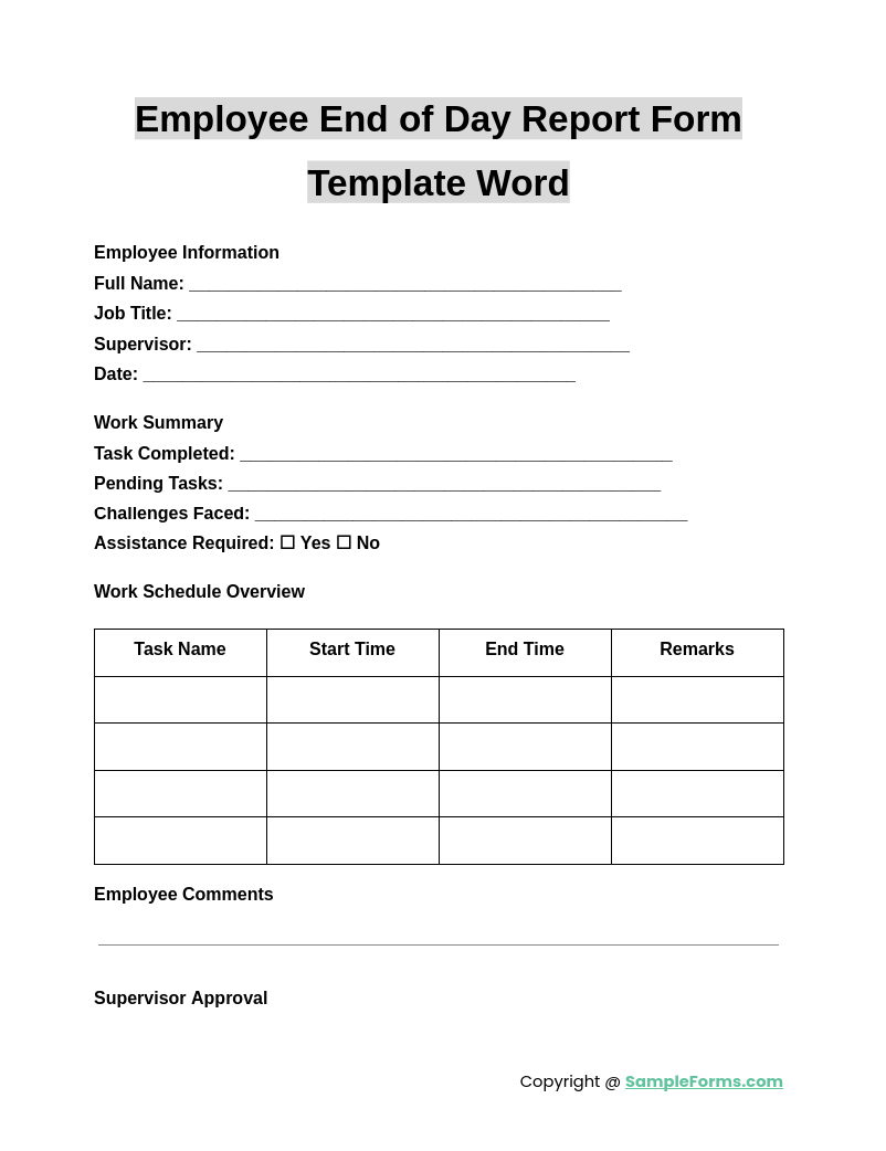 employee end of day report form template word