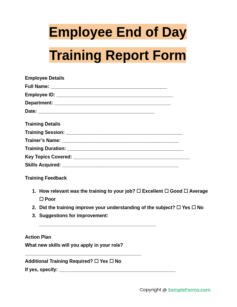 employee end of day training report form