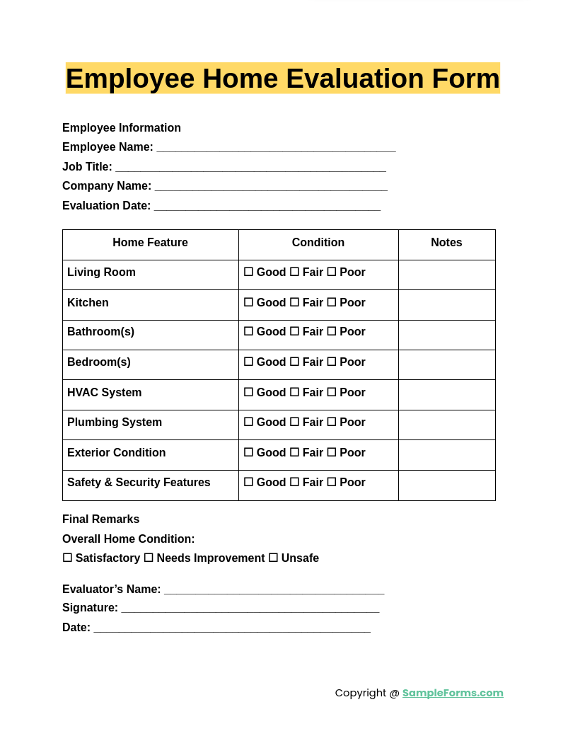 employee home evaluation form