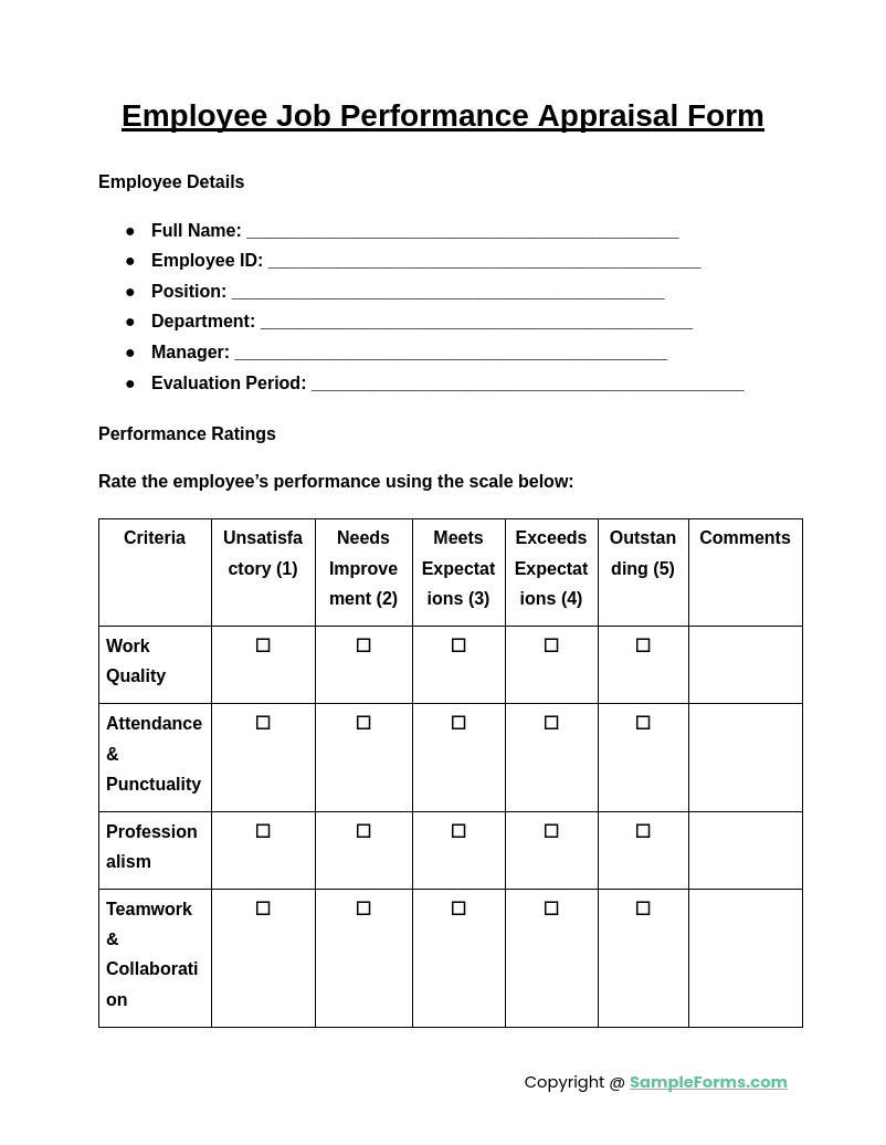 employee job performance appraisal form