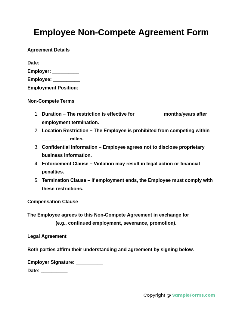 employee non compete agreement form