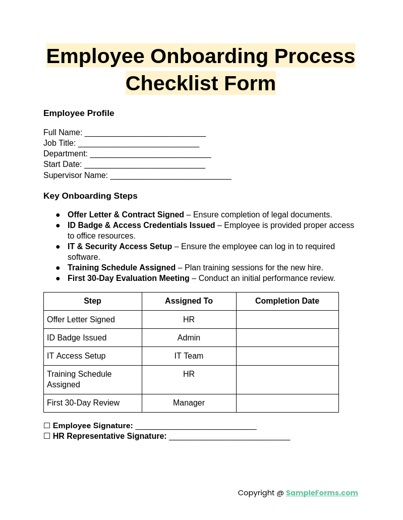 employee onboarding process checklist form