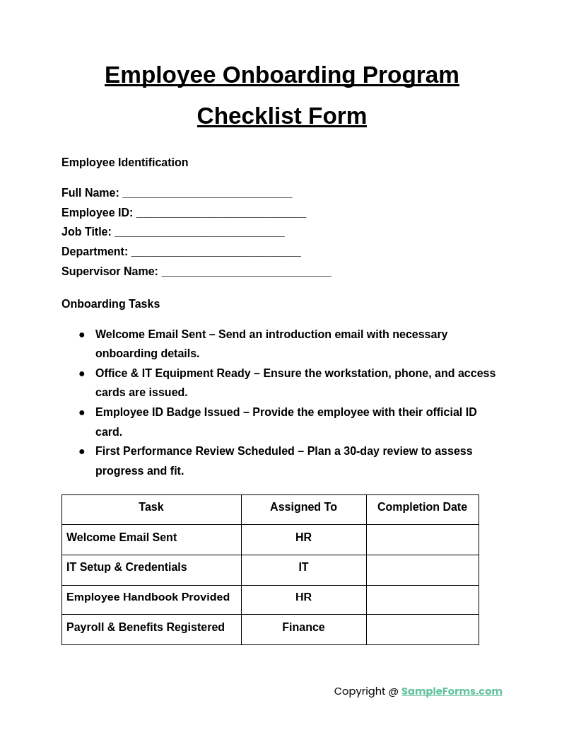 employee onboarding program checklist form