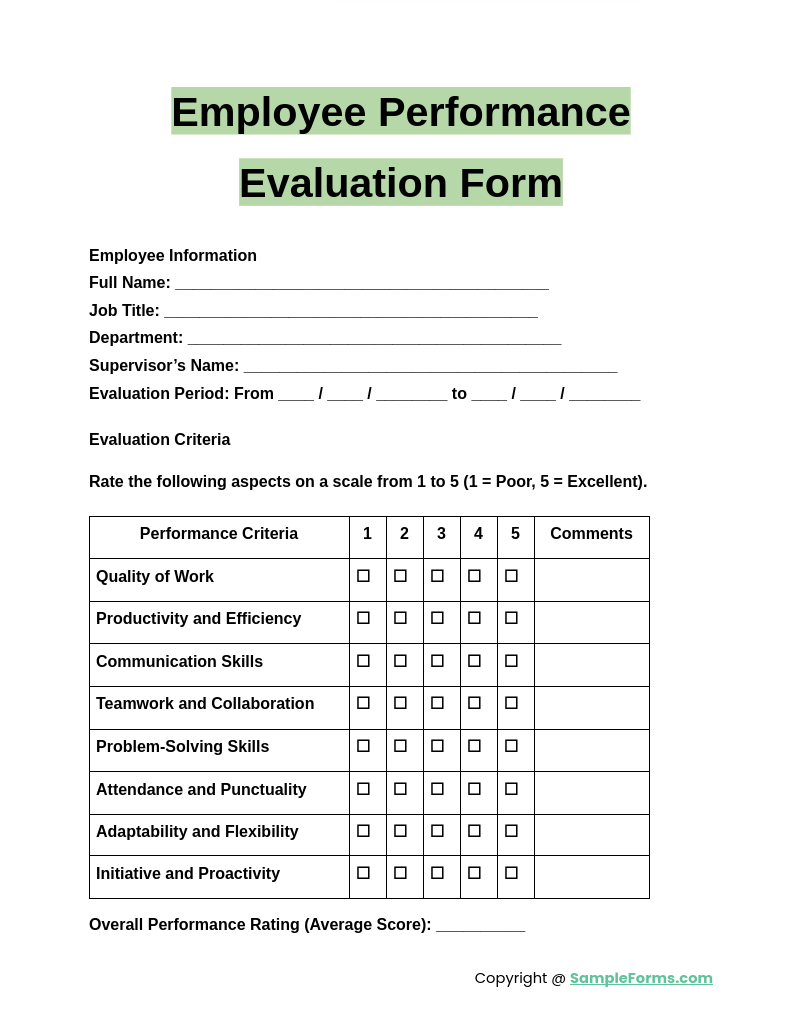 employee performance evaluation form