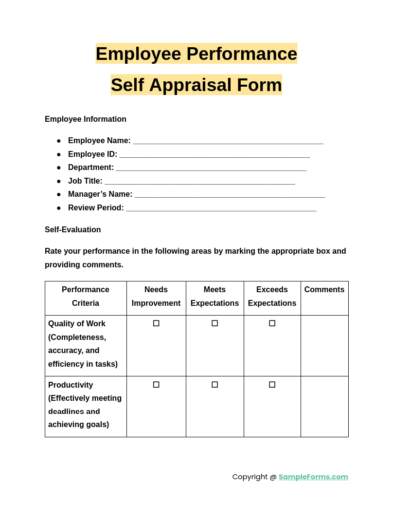 employee performance self appraisal form