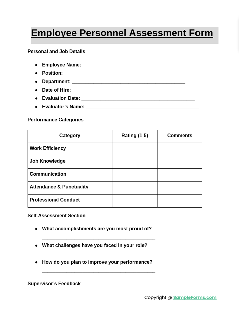 employee personnel assessment form