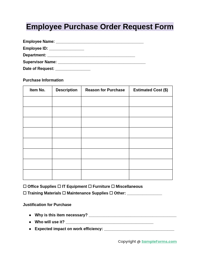 employee purchase order request form