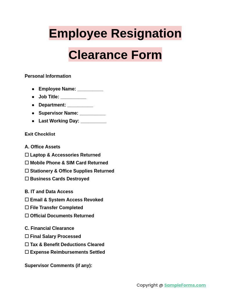 employee resignation clearance form