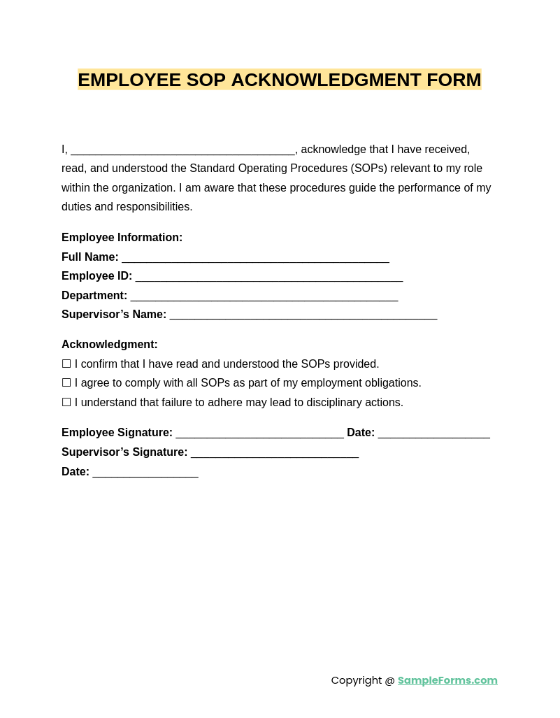 employee sop acknowledgment form