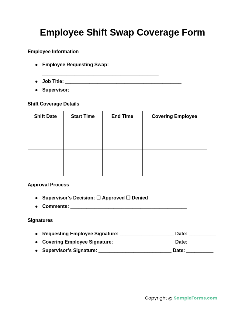 employee shift swap coverage form