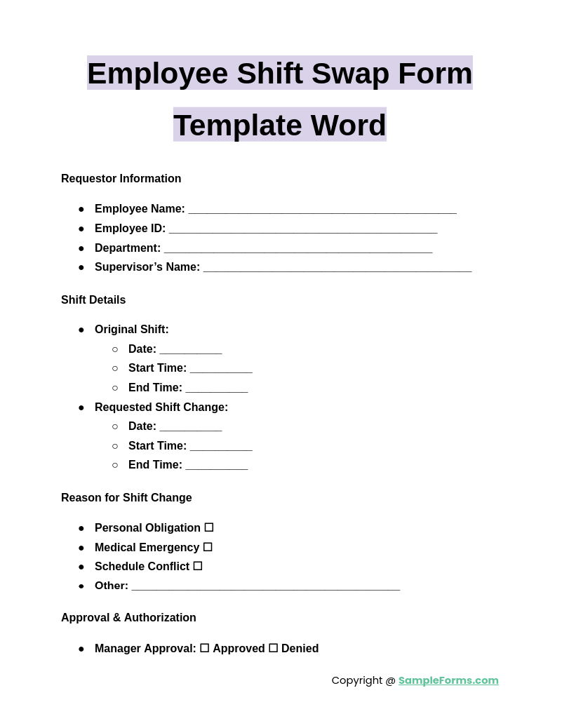 employee shift swap form template word