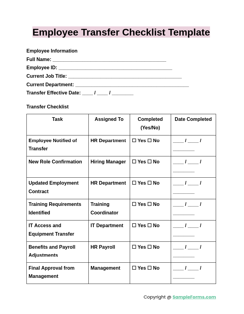 employee transfer checklist template