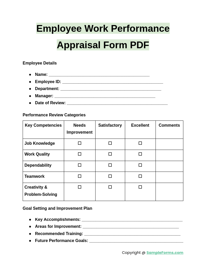 employee work performance appraisal form pdf